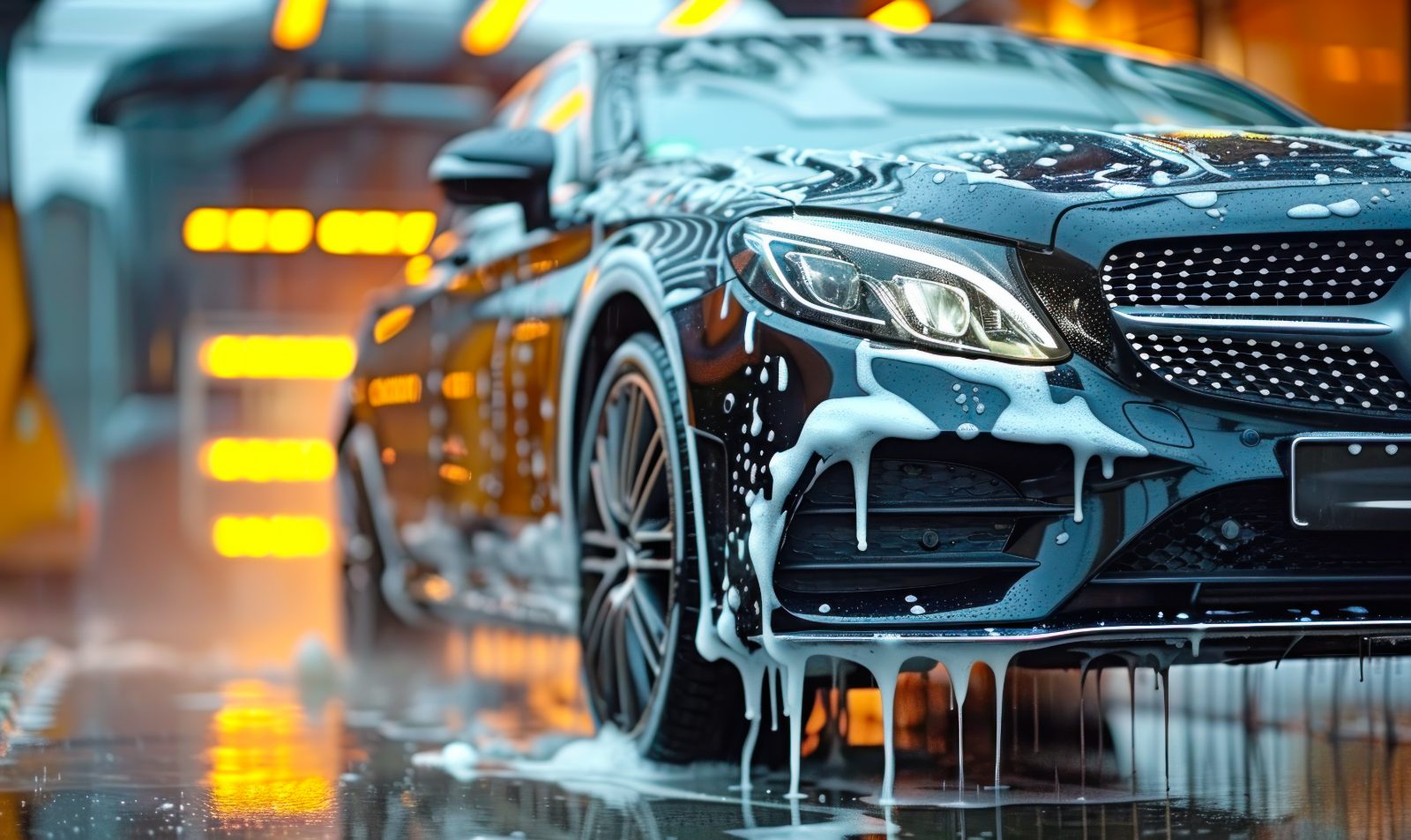 Cars covered in soapy water at an automated car wash station with yellow lights