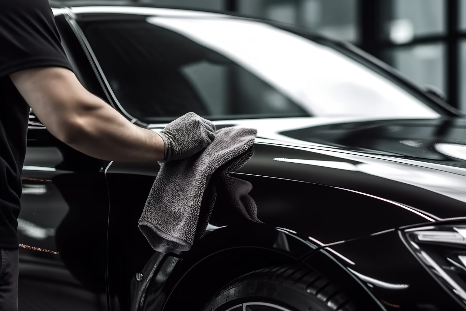 Professional detailing worker polishing black car with microfiber cloth