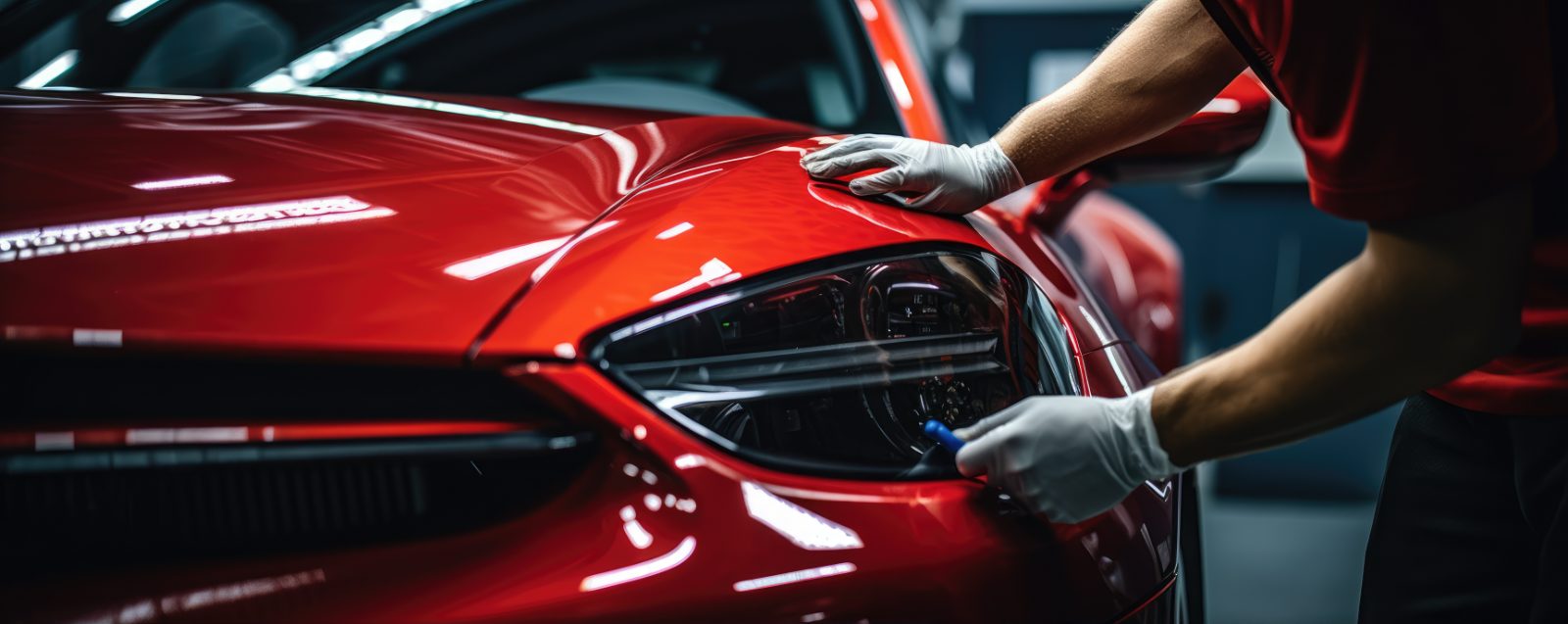 Technician in white gloves detailing a red car's headlight in professional automotive workshop