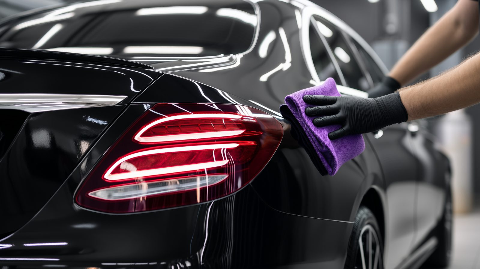 Professional detailing worker polishing black car's red taillight with purple microfiber cloth