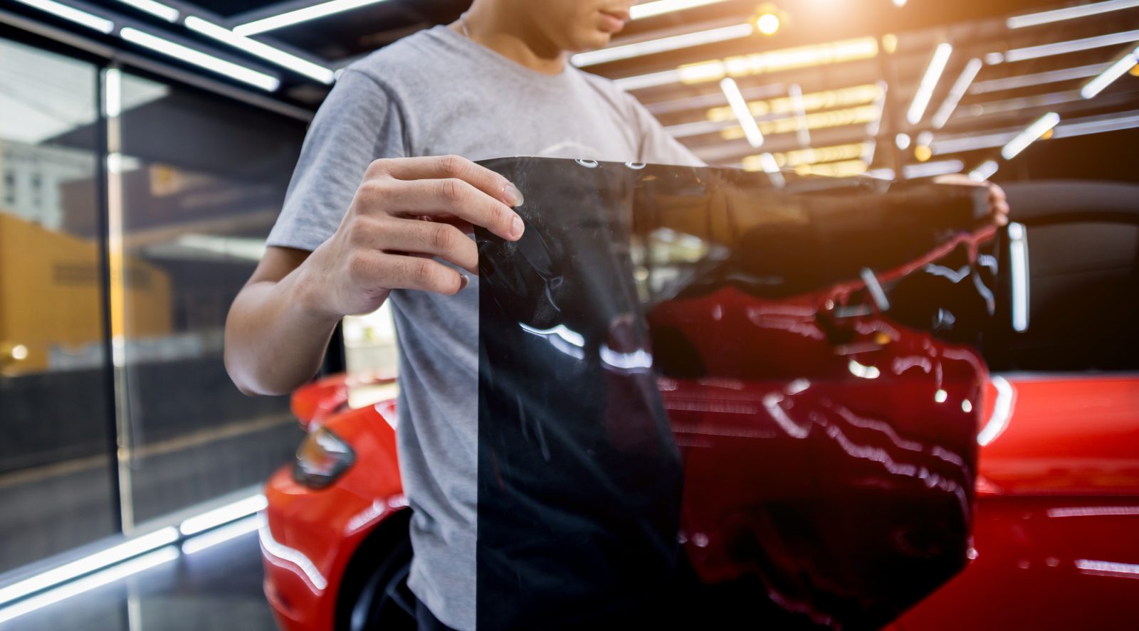 Child examining car interior in modern dealership showroom with red vehicles